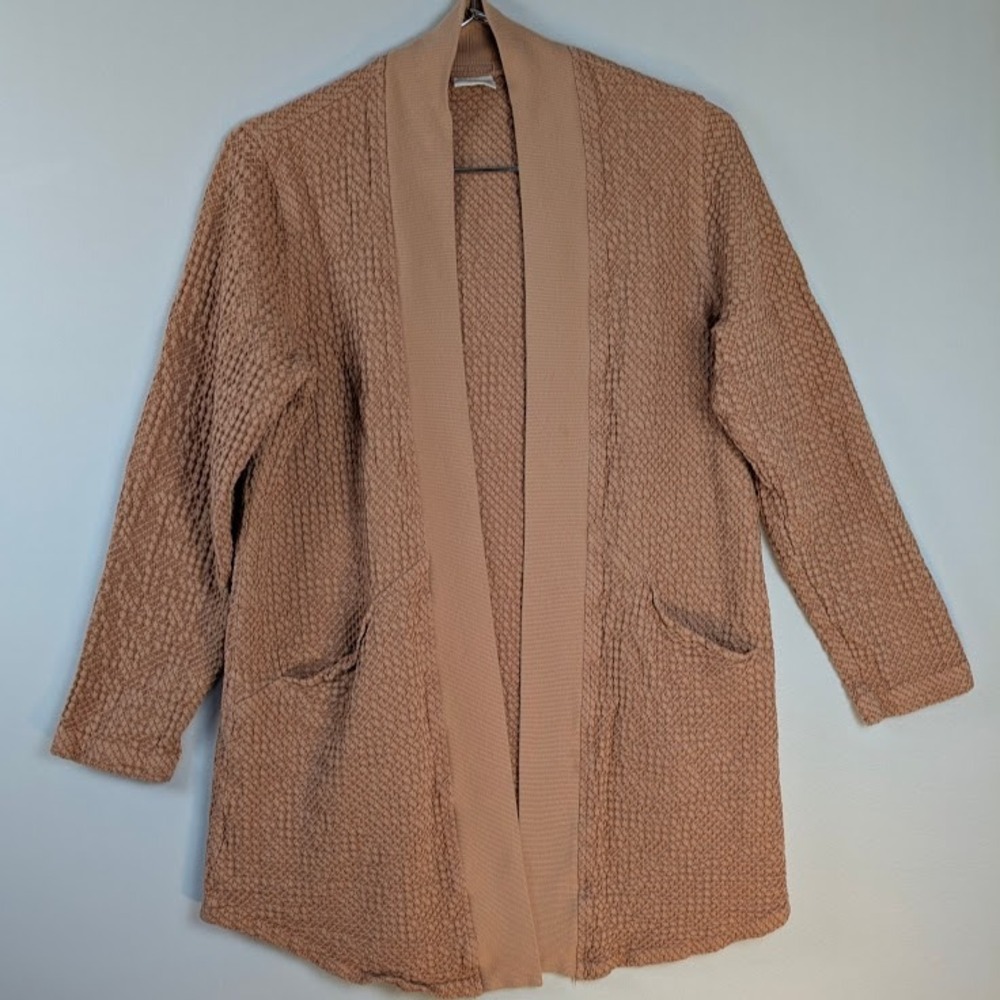 C.M.C Open‎ Cardigan Women M Taupe Lagenlook Boho Chic Smocked Waffle Cozy USA